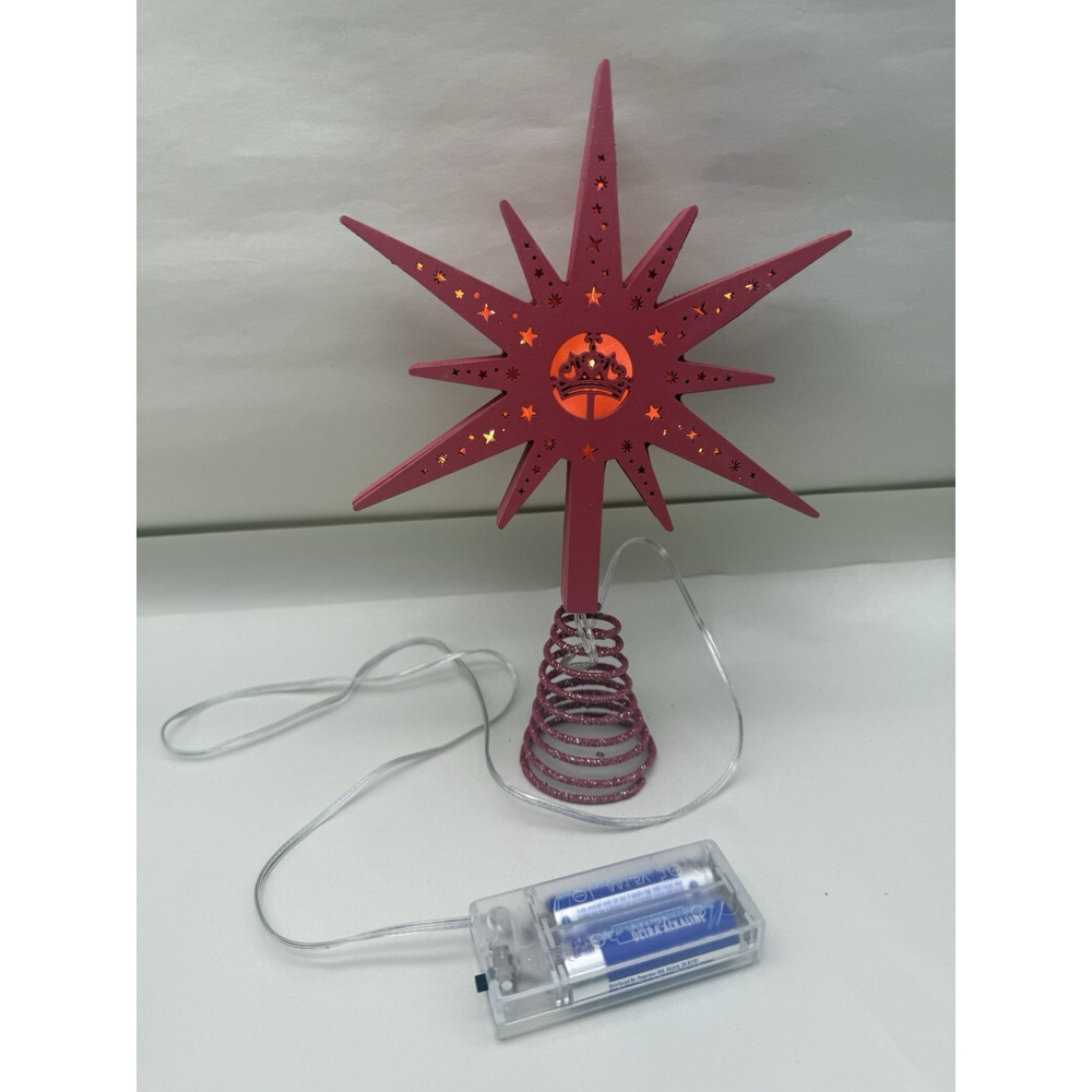 Pink Christmas Tree Topper 9" Wooden Red Bethlehem Treetop W/Out Battery *READ..